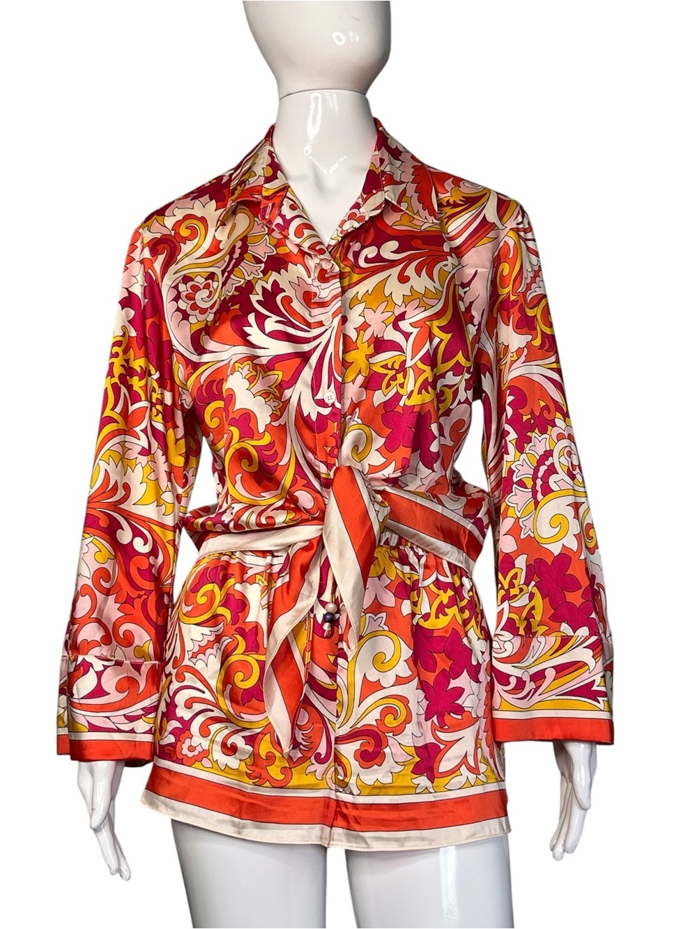 Zara Satin 2Pc Pucci-Inspired Paisley Tie Front Blouse & Mini Short Set Size M
